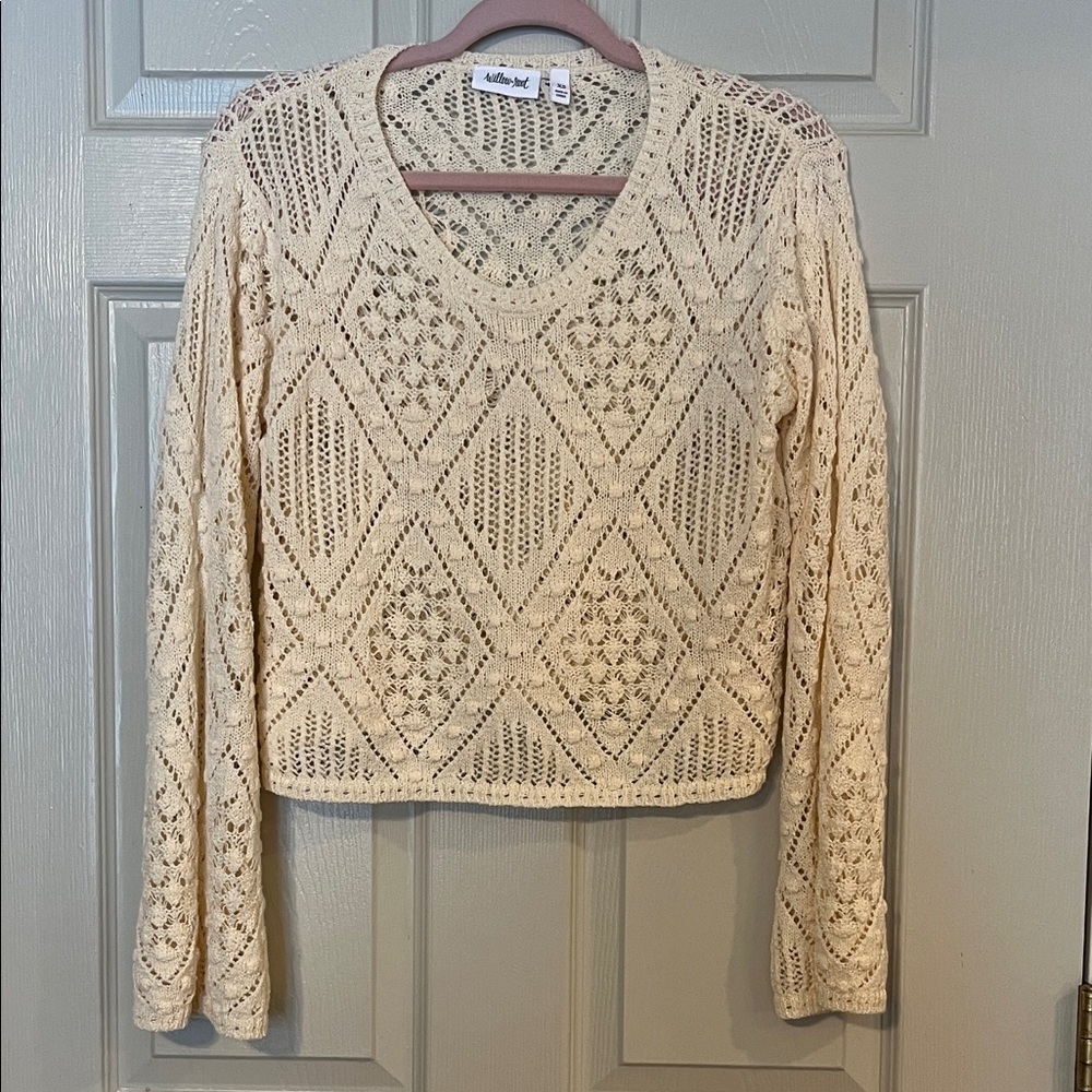 Willow + Root Buckle Cream Diamond Pattern Boho Knit Top Xsmall